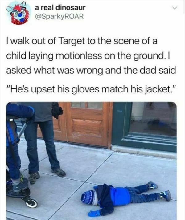 A funny wholesome meme of a kid lying face down on the sidewalk because his gloves match his jacket.