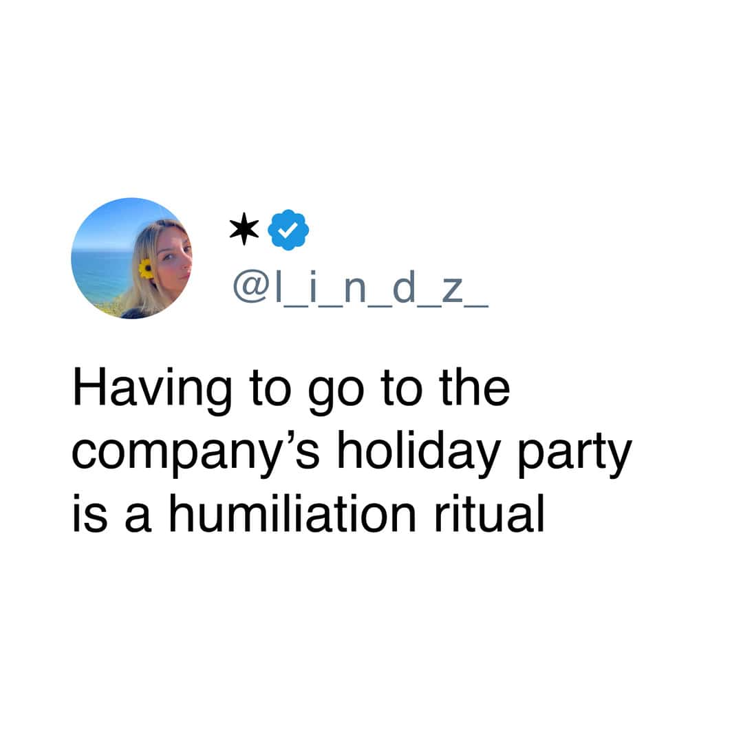 A work christmas party meme tweet describing the event as a humiliation ritual.