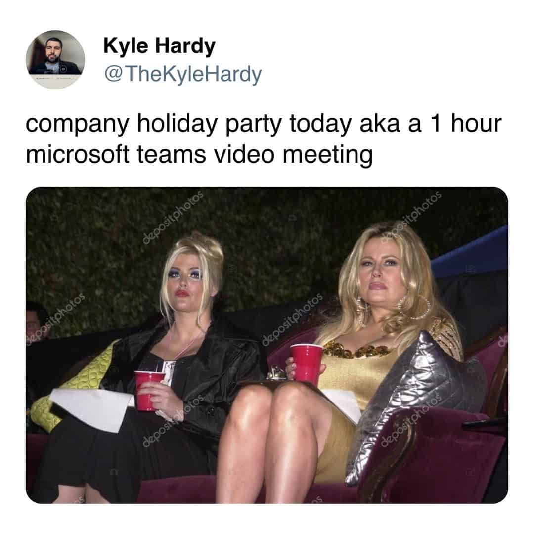 A work christmas party meme comparing a holiday party to a 1 hour Microsoft Teams meeting with a picture of bored women.
