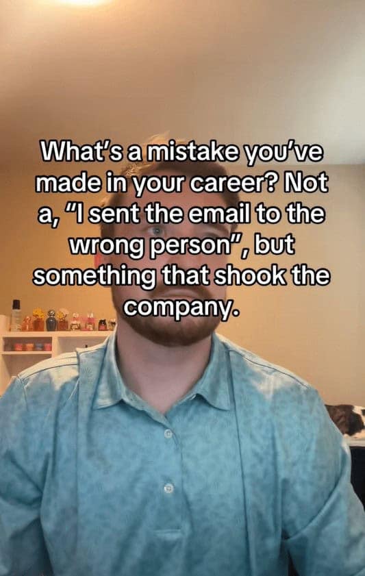 Man looking concerned in video asking for career mistakes that shook the company.