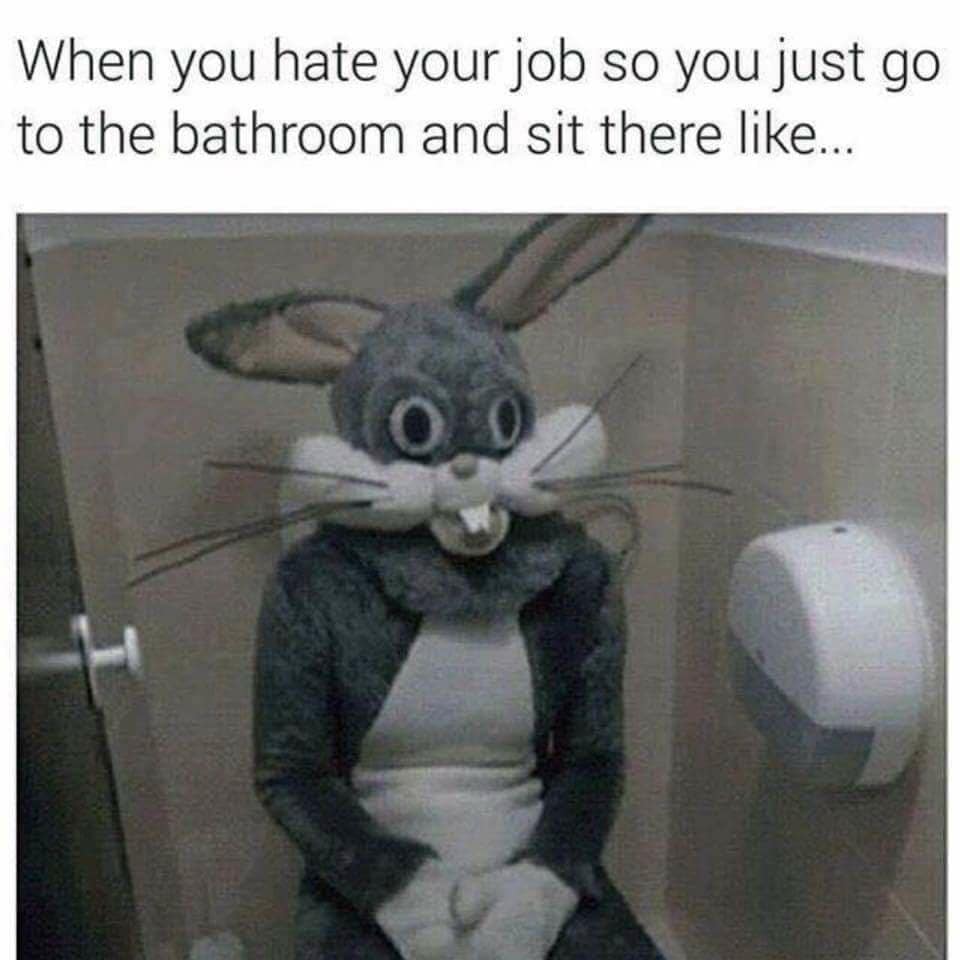 Deflated Bugs Bunny costume sitting on a toilet in a work meme.