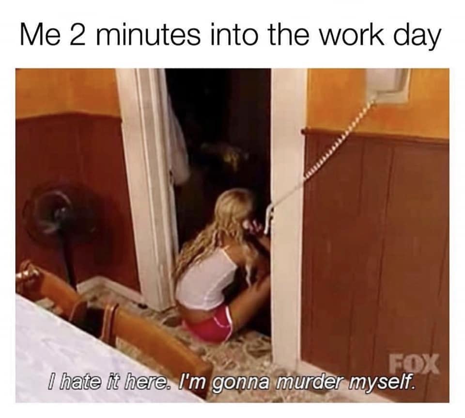 Woman sitting on the floor with a phone cord in a dramatic work meme.