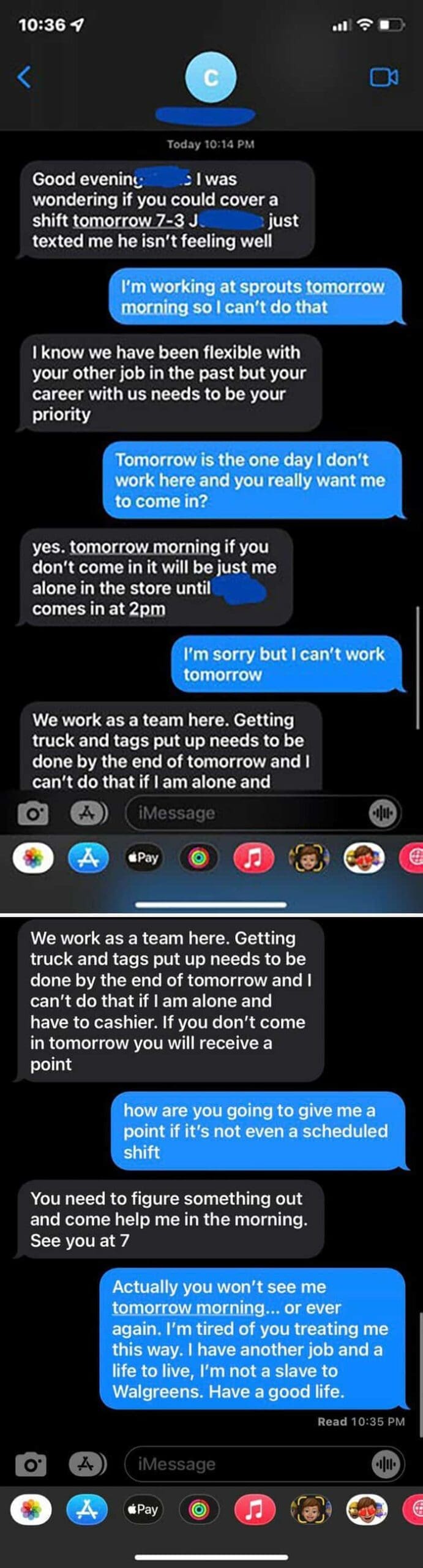 Text exchange where Walgreens employee quits after boss demands they work on day off.