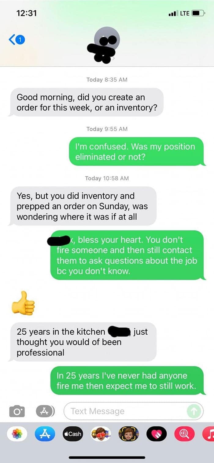 Text messages showing boss asking for work updates after firing the employee.