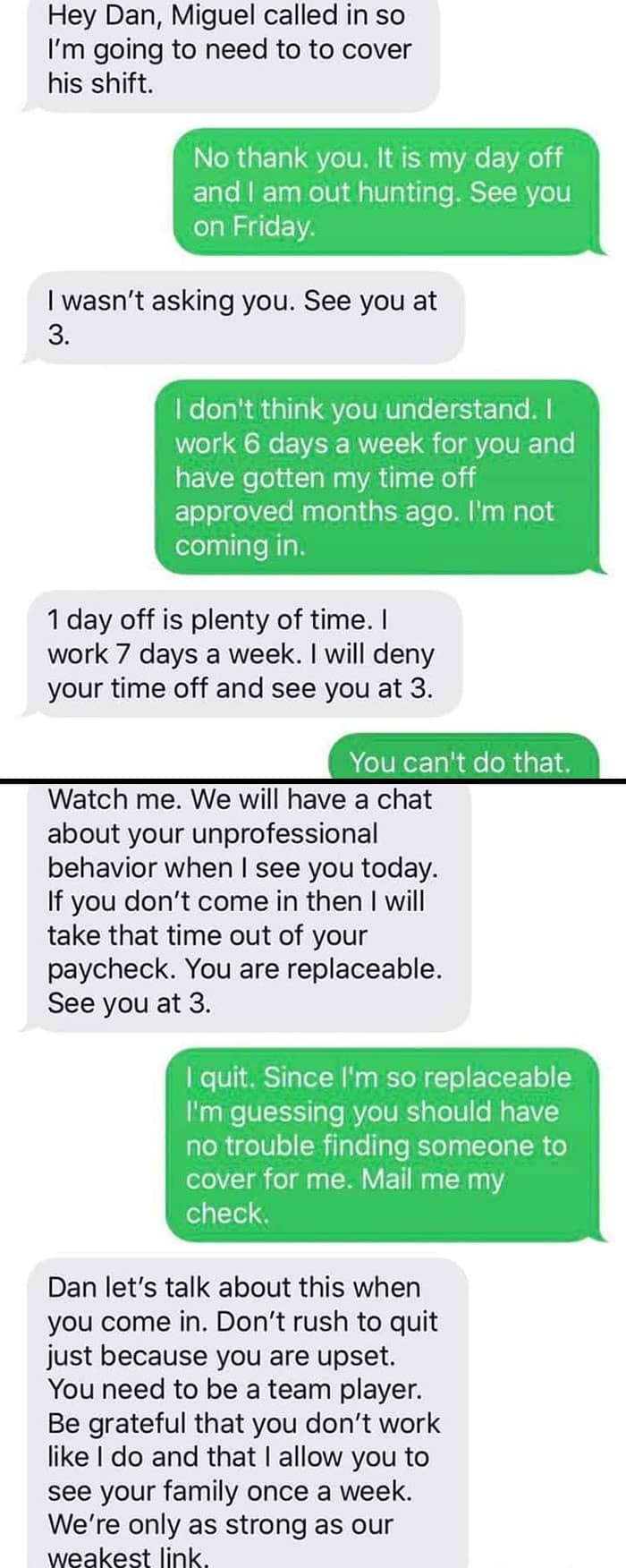 Text exchange where boss calls worker replaceable then begs them not to quit.