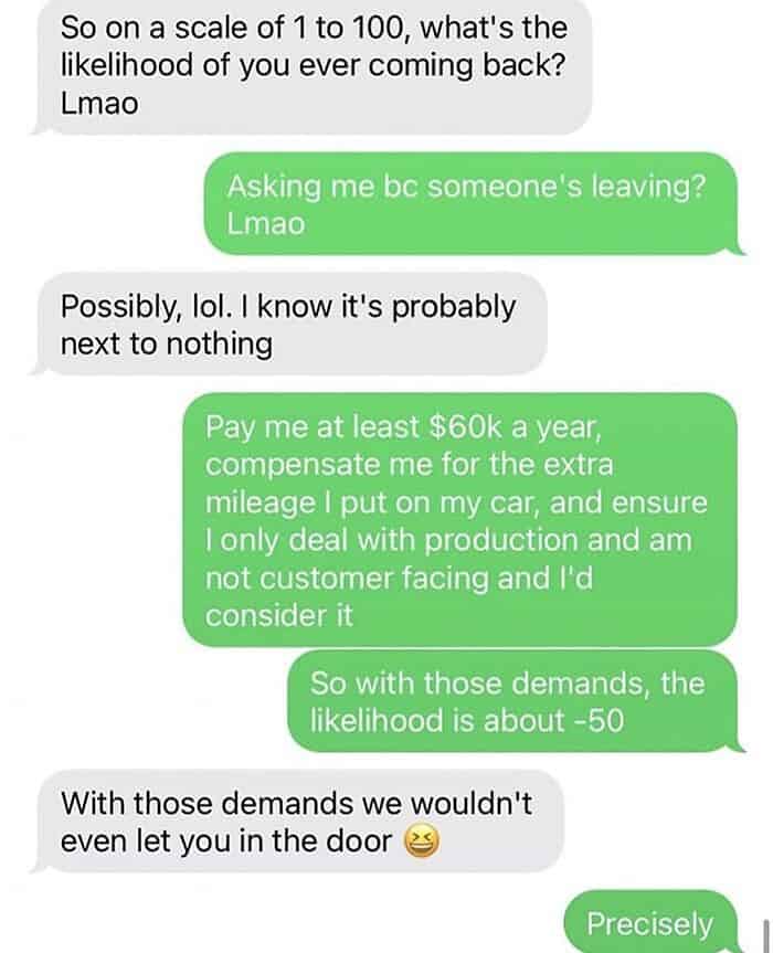 Text messages discussing likelihood of former employee returning to work for 60k.