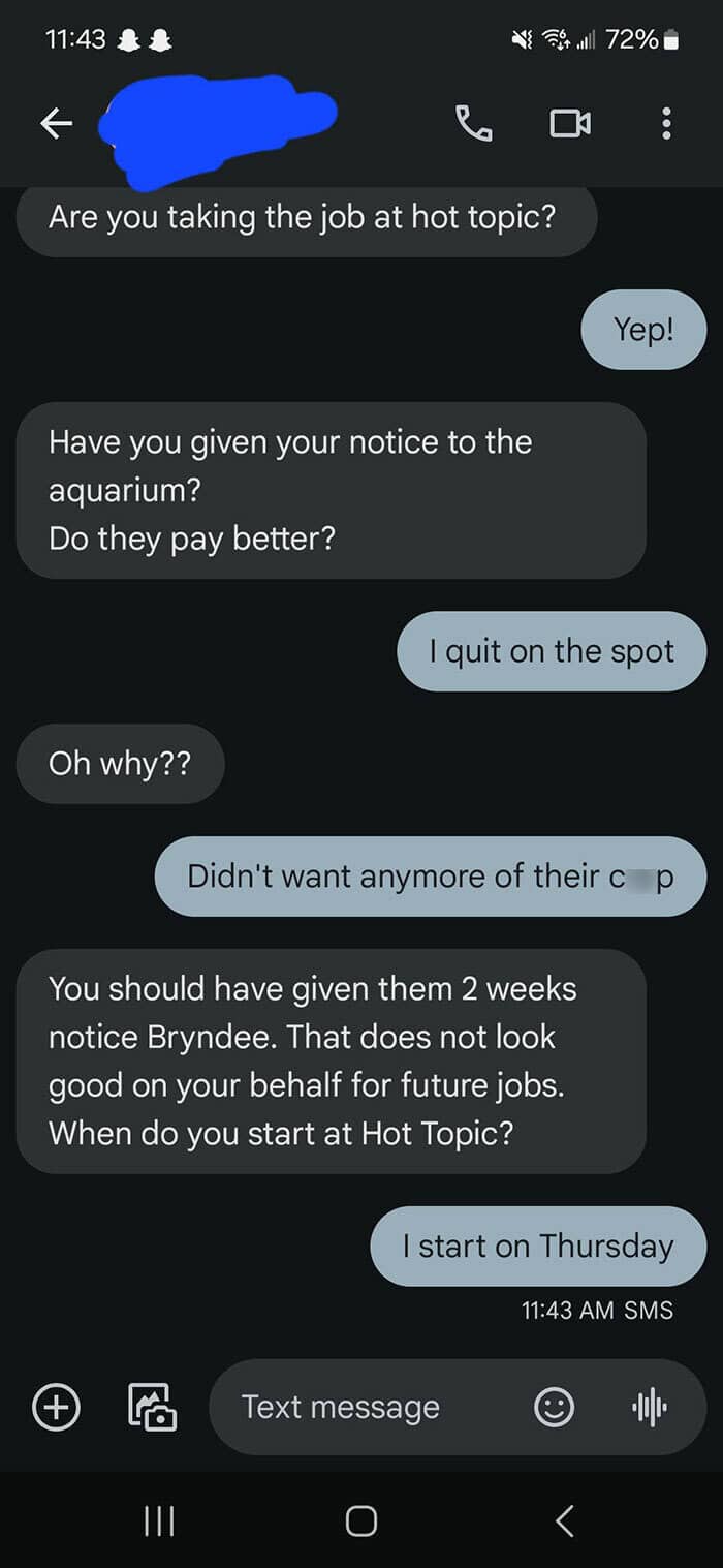 Text conversation about quitting a job on the spot for a position at Hot Topic.