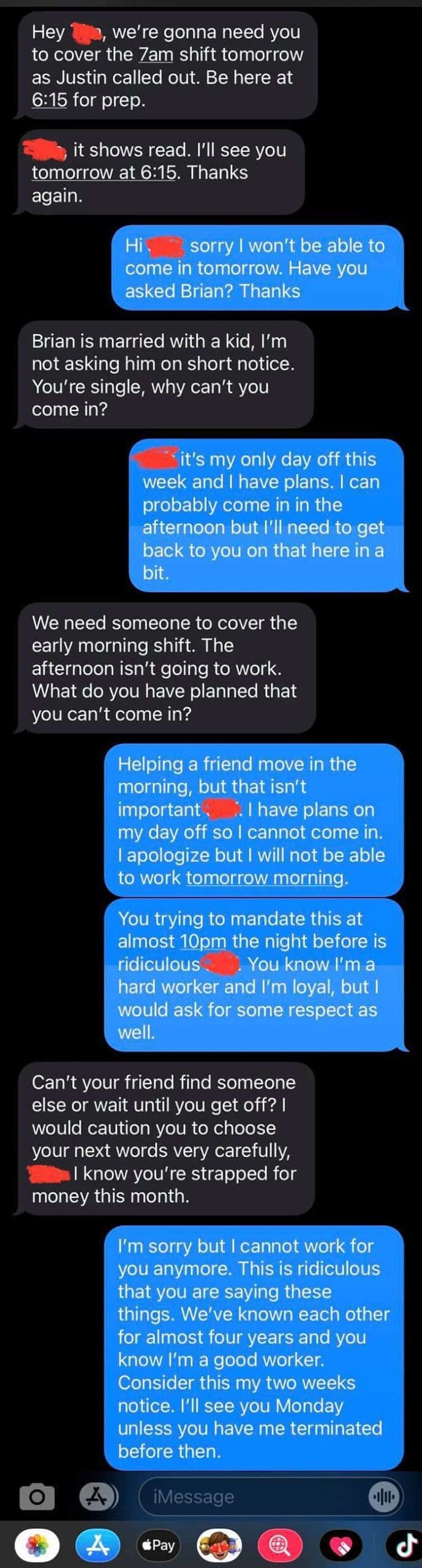 Text messages where boss demands single employee cover shift and threatens them financially.