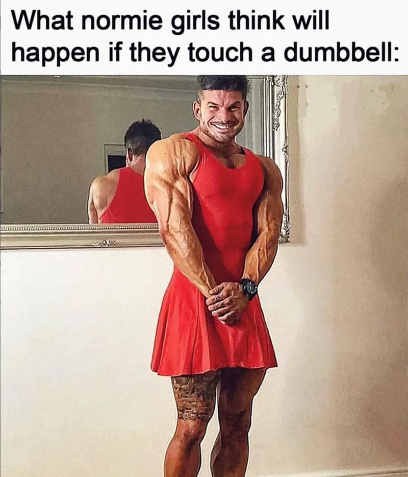 A workout meme of a muscular bodybuilder wearing a red dress looking in a mirror.