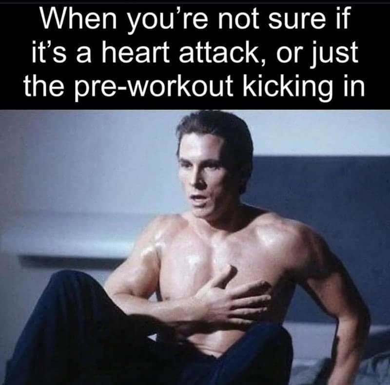A workout meme of Patrick Bateman from American Psycho clutching his chest.