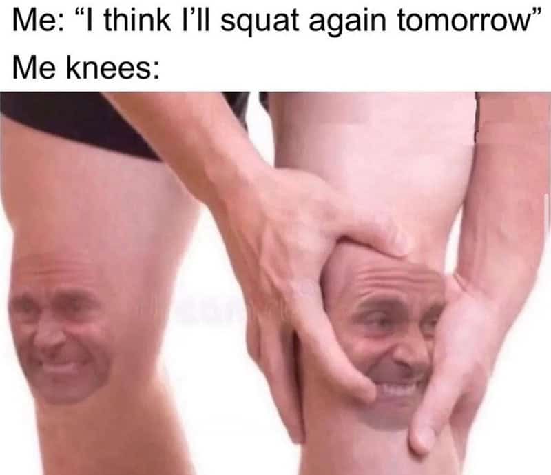 A workout meme showing pained human faces superimposed on knees.