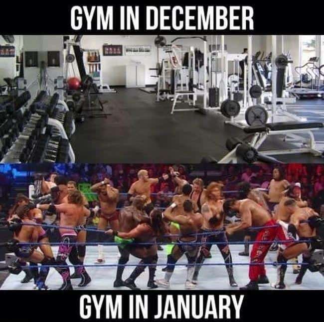 A workout meme comparing an empty gym to a WWE wrestling ring.