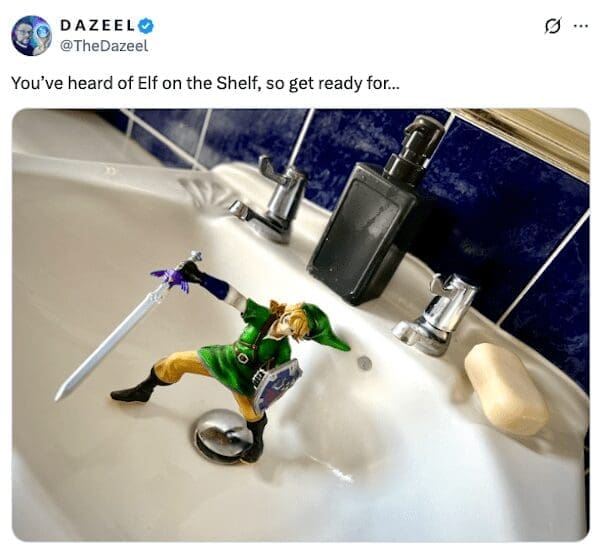 A funny elf on the shelf meme showing Link from Zelda standing on a bathroom sink.