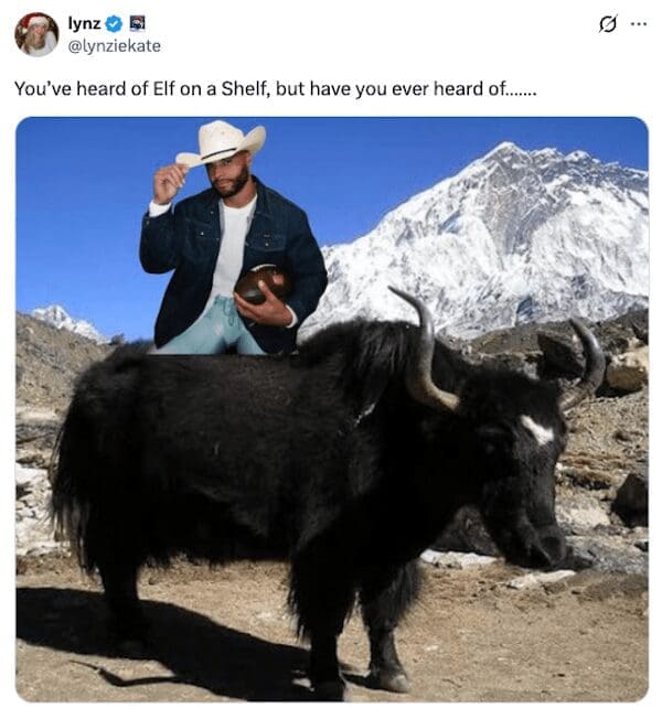 A funny meme showing Dak Prescott riding a Yak with a snowy mountain background.