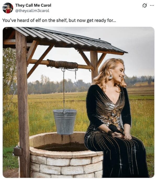you've heard of elf on the shelf meme showing Adele sitting on the edge of a well.