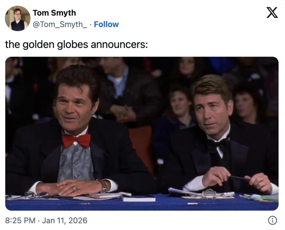 A 2026 Golden Globes meme using the announcers from Best in Show to represent the awards show hosts.