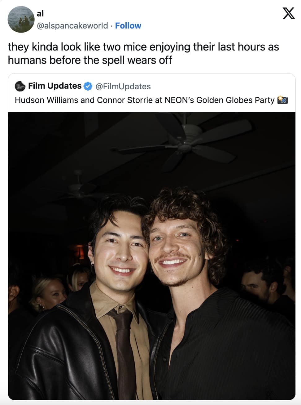 A 2026 Golden Globes meme comparing Hudson Williams and Connor Storrie to mice turned into humans by a spell.