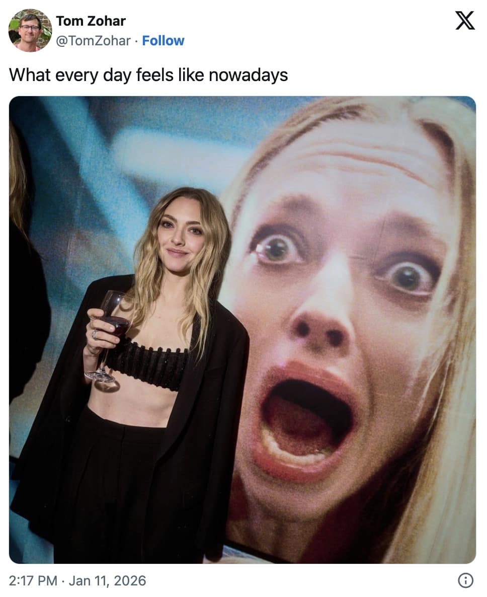A 2026 Golden Globes meme of Amanda Seyfried posing calmly next to a poster of her own screaming face.