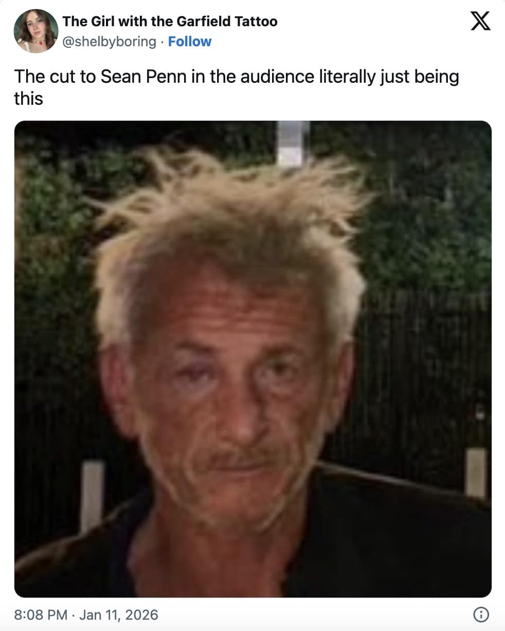 A 2026 Golden Globes meme close-up of Sean Penn looking disheveled and wild-haired in the audience.