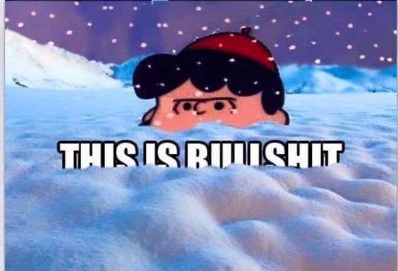 A 2026 snowmageddon meme featuring Lucy from Peanuts buried up to her nose in a snowbank with the caption "This is b**lsh*t."
