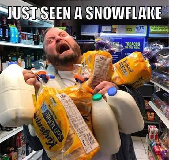 A 2026 snowmageddon meme of a man in a grocery store screaming while clutching several loaves of bread and jugs of milk.