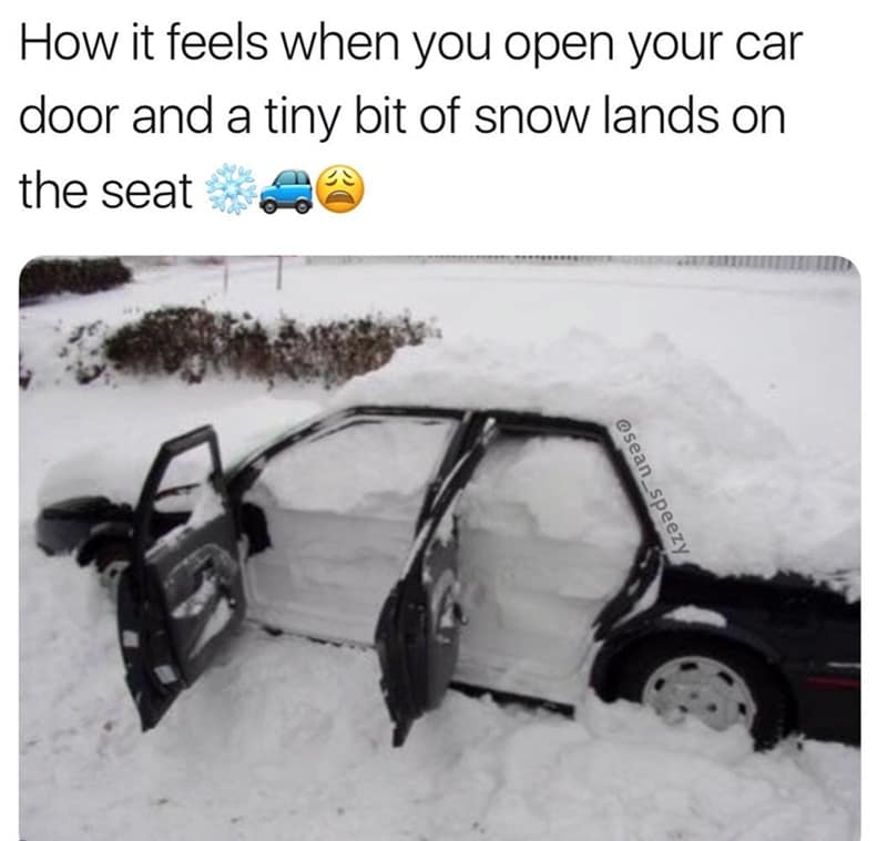 A 2026 snowmageddon meme showing a car with the door open and the entire interior completely filled with snow.