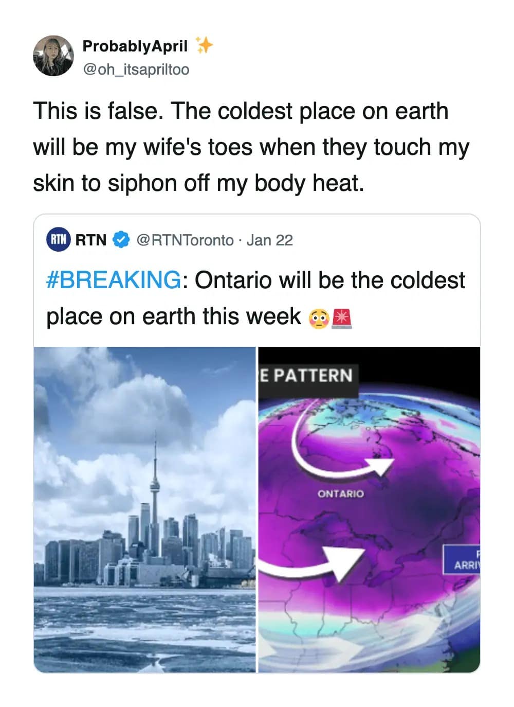2026 winter storm meme with a tweet joke saying the coldest place on earth is wife’s toes touching skin, replying to an Ontario cold weather post.