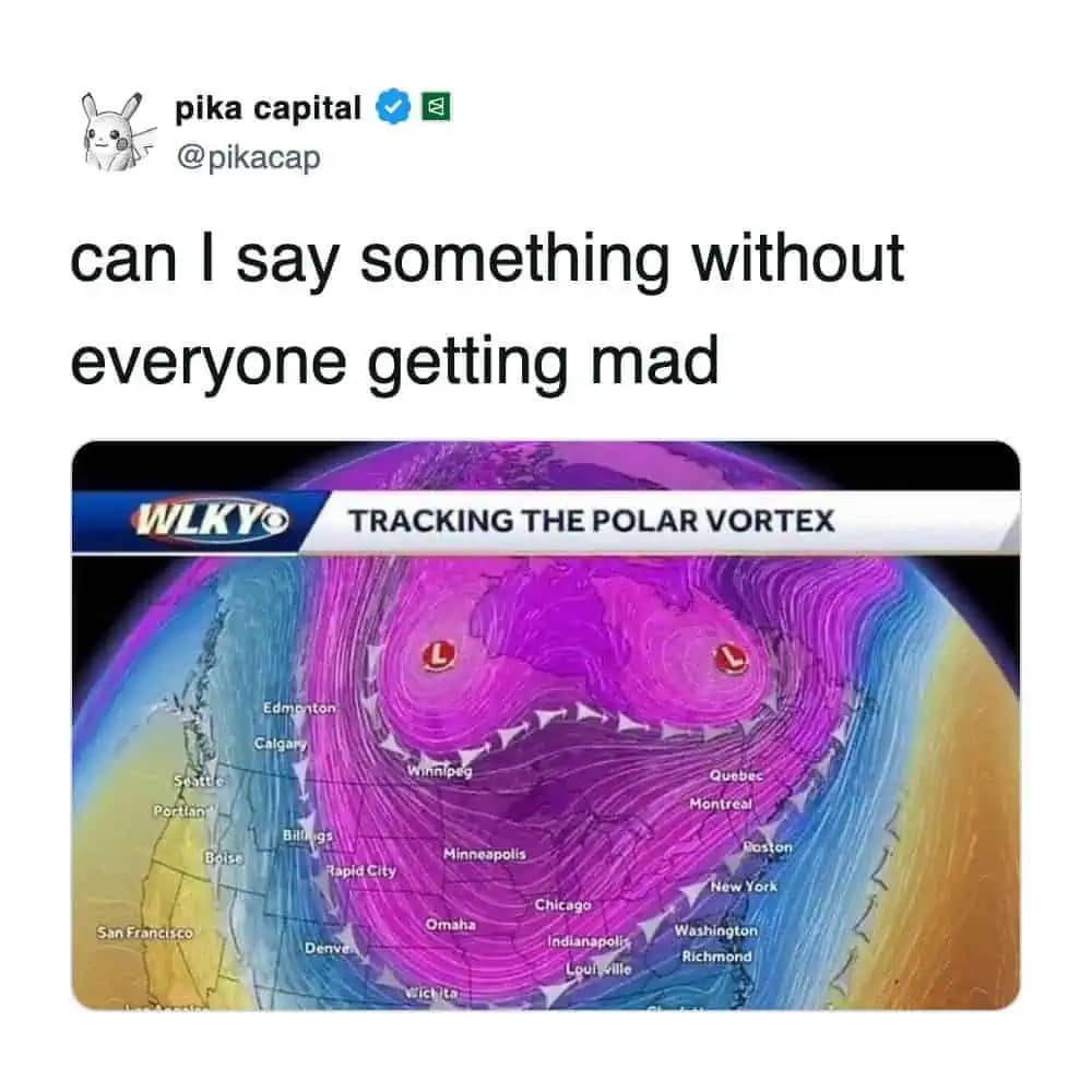 2026 winter storm meme showing a tweet saying “can I say something without everyone getting mad” over a polar vortex weather map image.