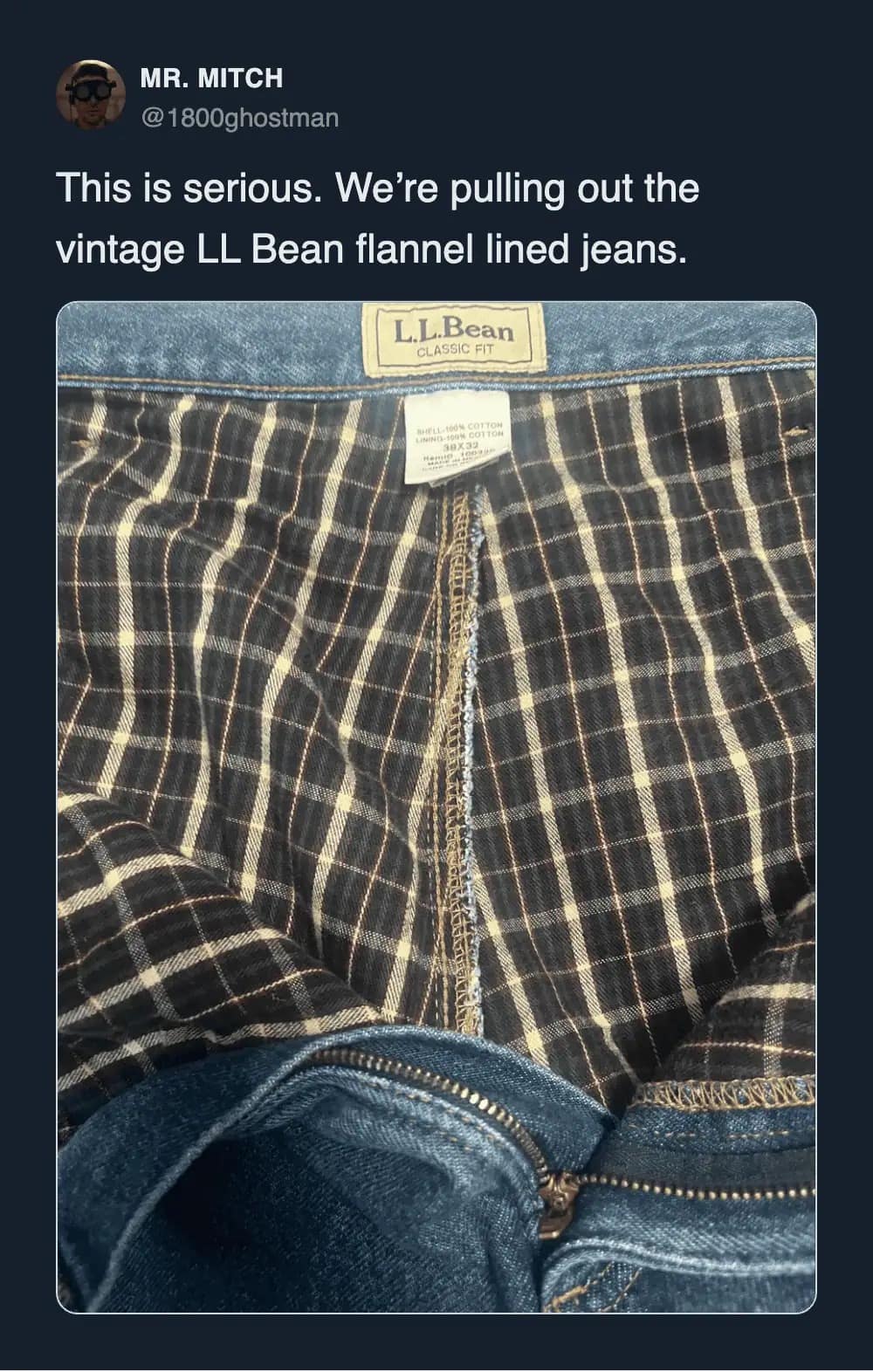 2026 winter storm meme showing a tweet about pulling out vintage LL Bean flannel-lined jeans, with a close-up photo of the warm lining.