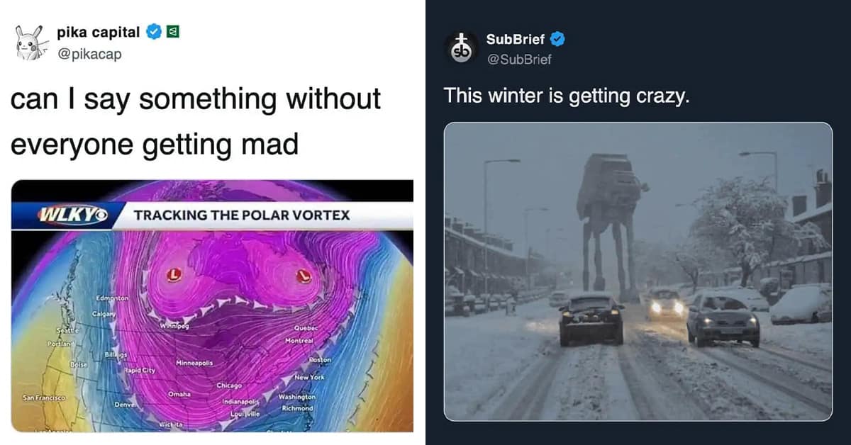 2026 winter storm memes and ice storm memes collage featuring funny winter storm tweets about extreme cold, polar vortex weather, snow forecasts, and staying home with snacks.