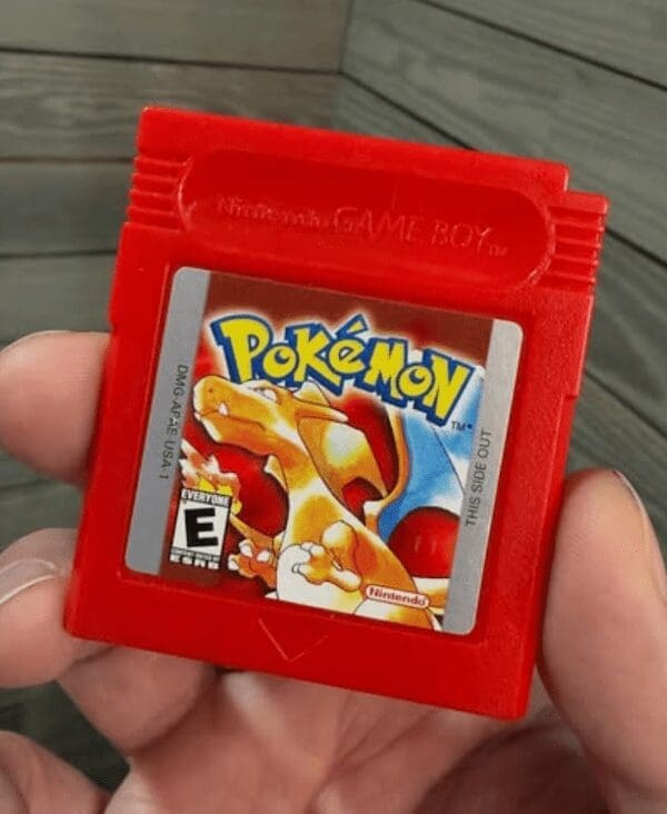 A loose cartridge of Pokémon Red Version for the Game Boy, the ultimate 90s toy video game.