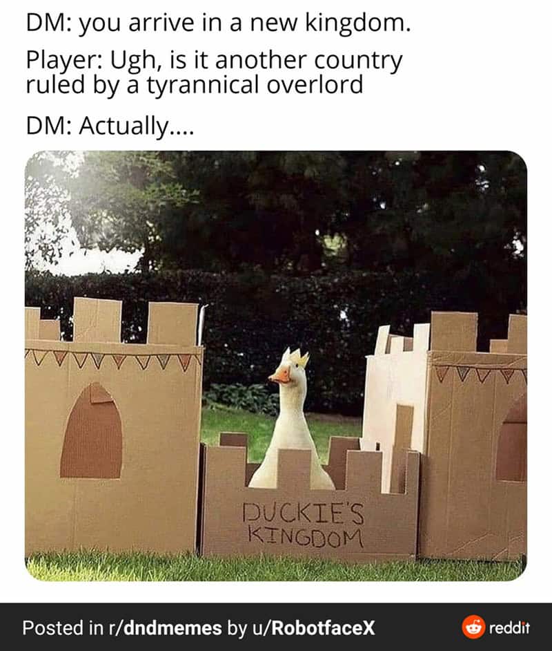 A D&D meme showing a duck in a cardboard castle representing a wholesome kingdom instead of a tyrannical one.
