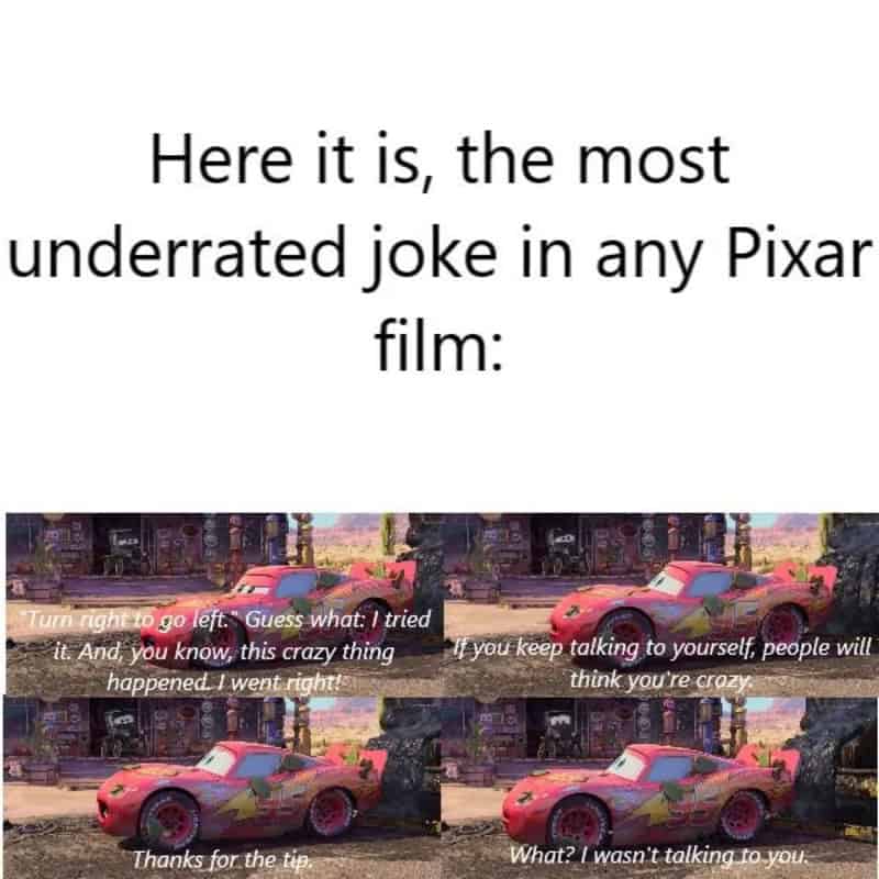 A Disney meme showing a four-panel comic of Lightning McQueen from Cars discussing the "turn right to go left" advice.