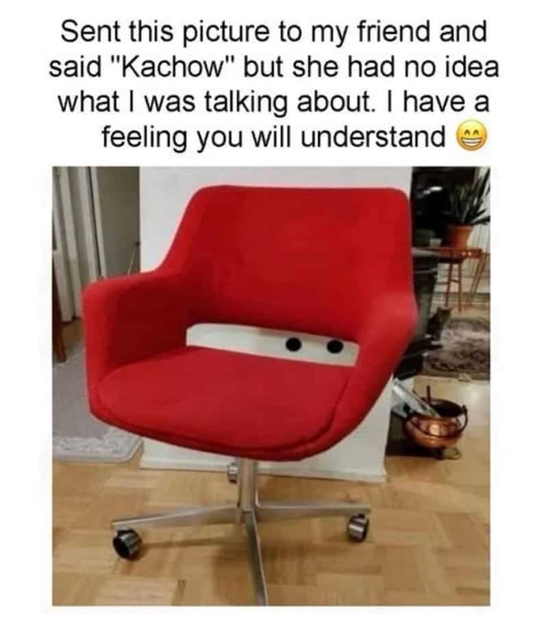 A Disney meme featuring a red modern chair that bears a striking resemblance to Lightning McQueen from the movie Cars.
