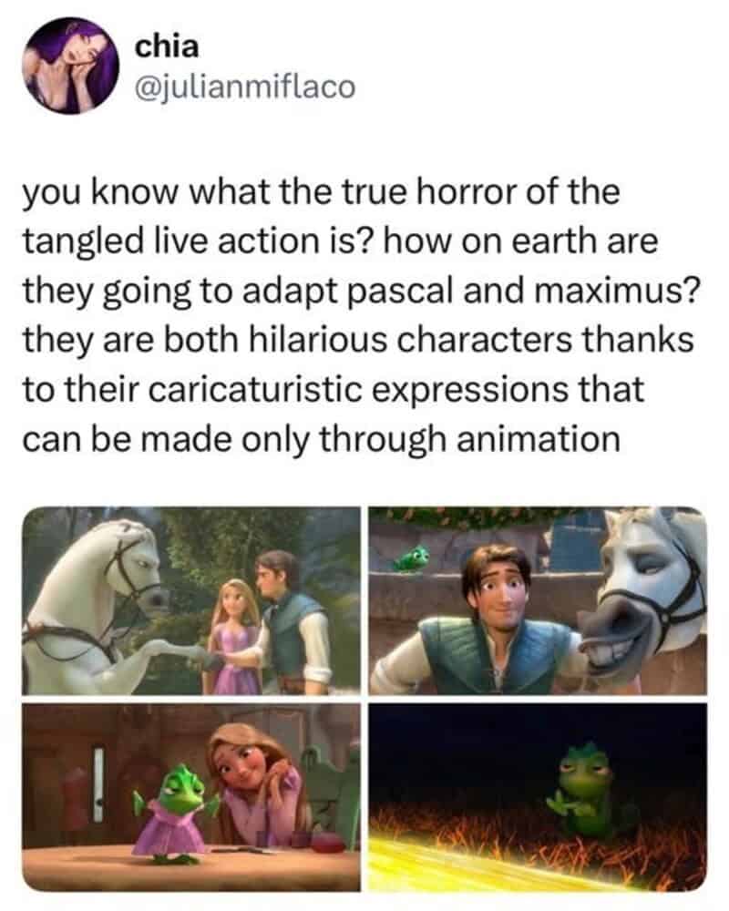 A Disney meme tweet by chia about the difficulties of adapting the expressive animal characters Pascal and Maximus for a live-action Tangled.