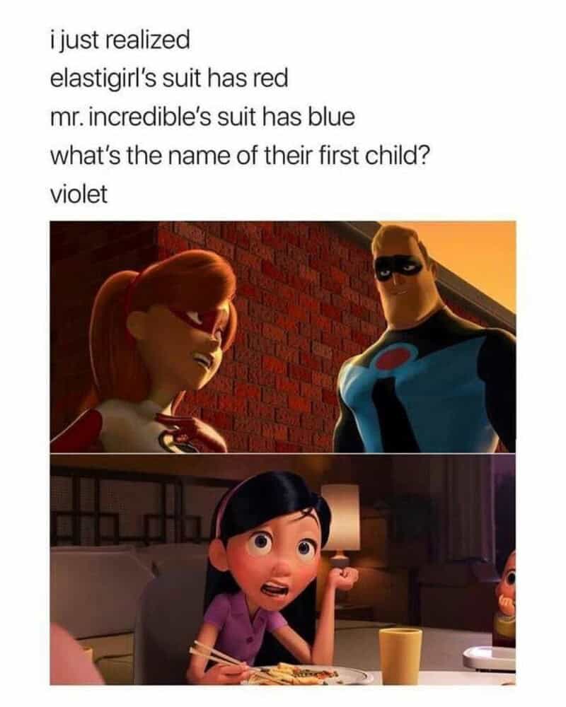 A nostalgic disney post showing a theory that Elastigirl and Mr. Incredible named their daughter Violet because red and blue make purple.