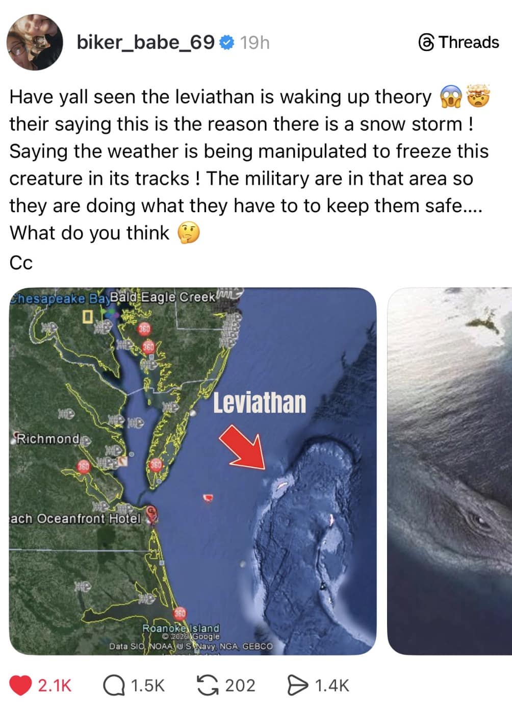 A Leviathan is waking up meme on Threads explaining the theory that a snowstorm is being used to freeze a sea monster near Virginia.