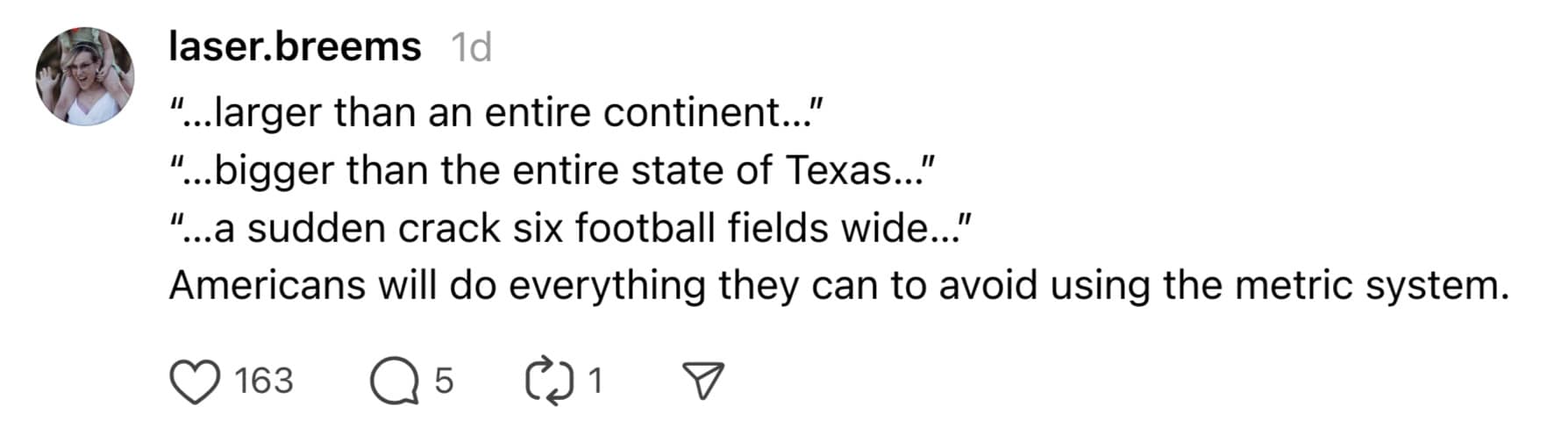 A Leviathan meme comment mocking Americans for using measurements like "larger than an entire continent" and "six football fields wide" to avoid using the metric system.