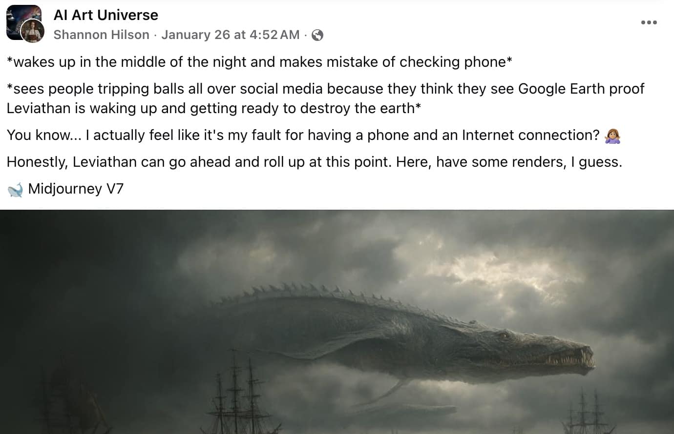 A Leviathan is waking up meme featuring an AI render of a massive sea serpent by Midjourney, captioned about the regret of checking your phone in the middle of the night.