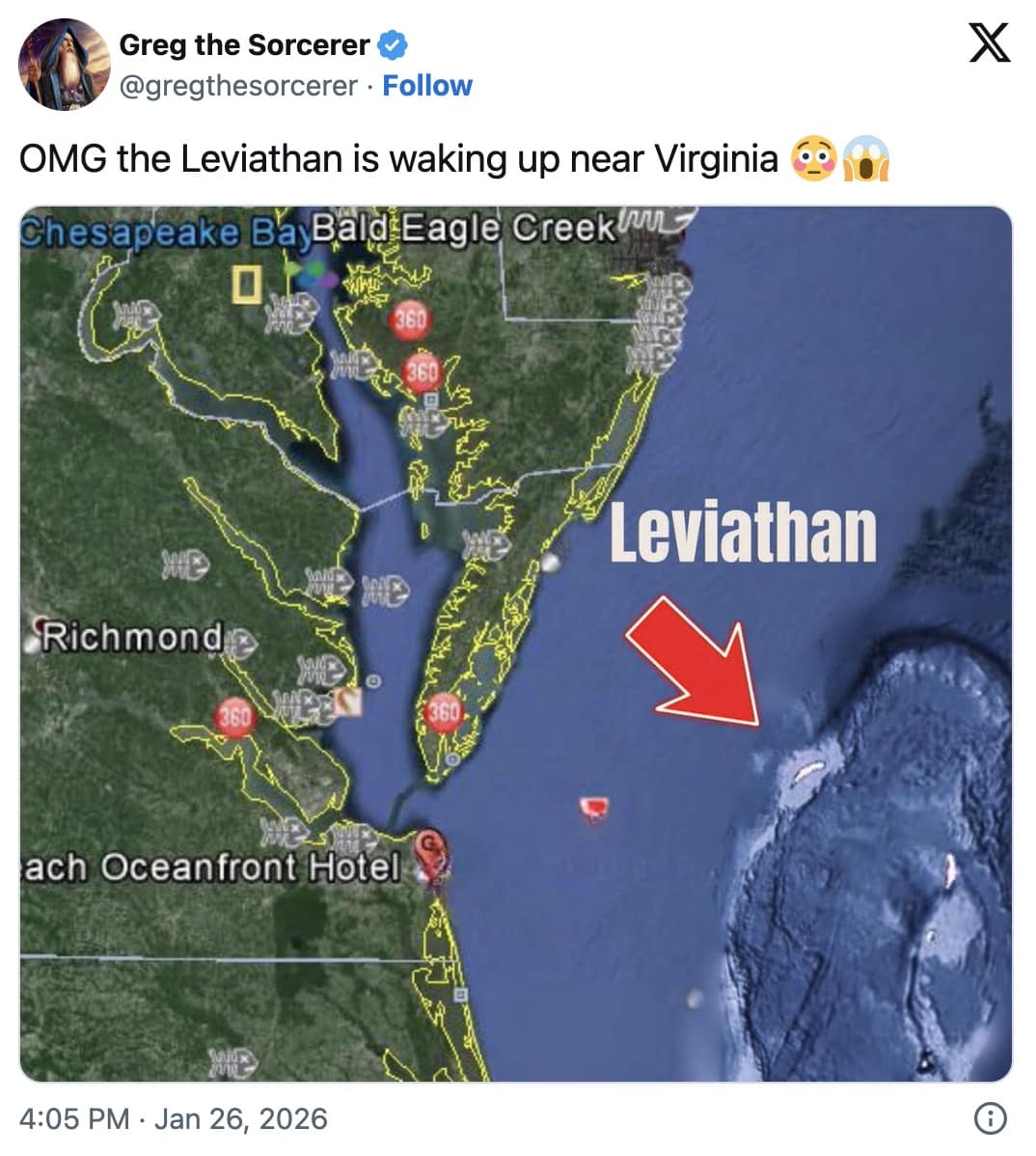 A Leviathan is waking up meme tweet by "Greg the Sorcerer" showing the viral Google Maps screenshot with a red arrow pointing to the "creature" near the oceanfront hotel.