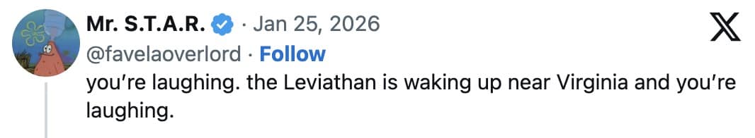 A Leviathan is waking up meme referencing the Joker "you're laughing" format, featuring Patrick Star from SpongeBob SquarePants.