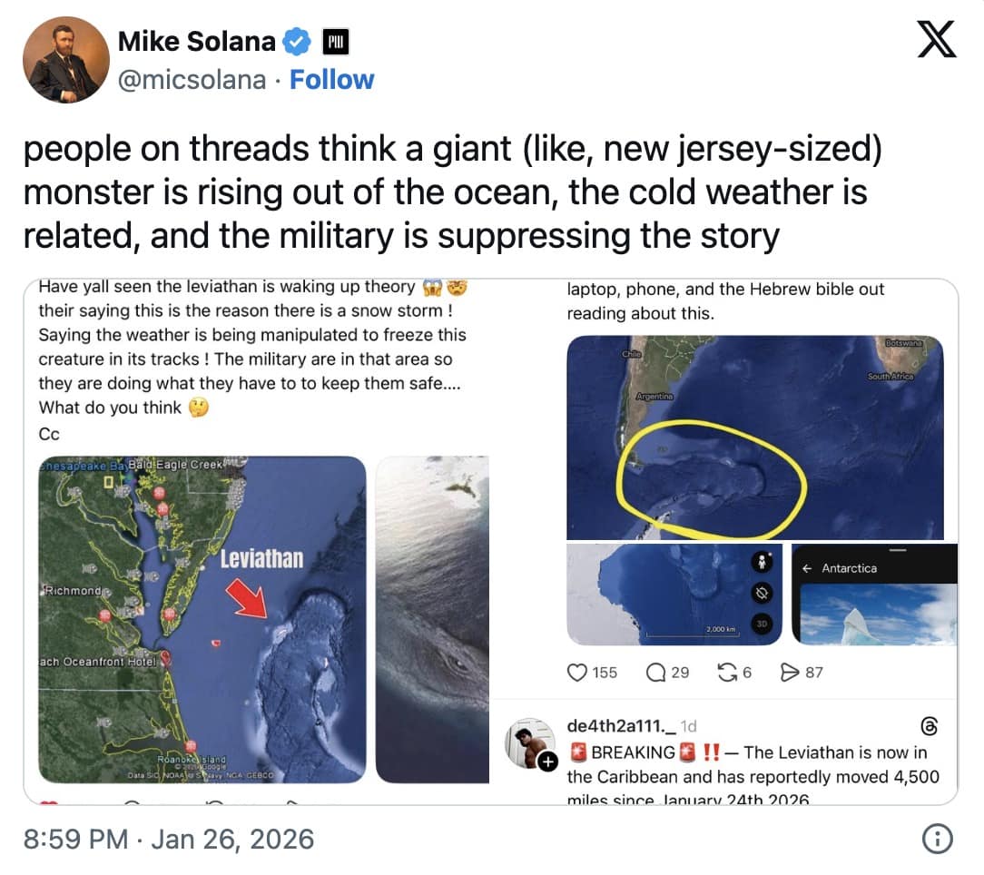 A Leviathan is waking up meme tweet by Mike Solana mocking the internet theory about a New Jersey-sized monster rising from the ocean.