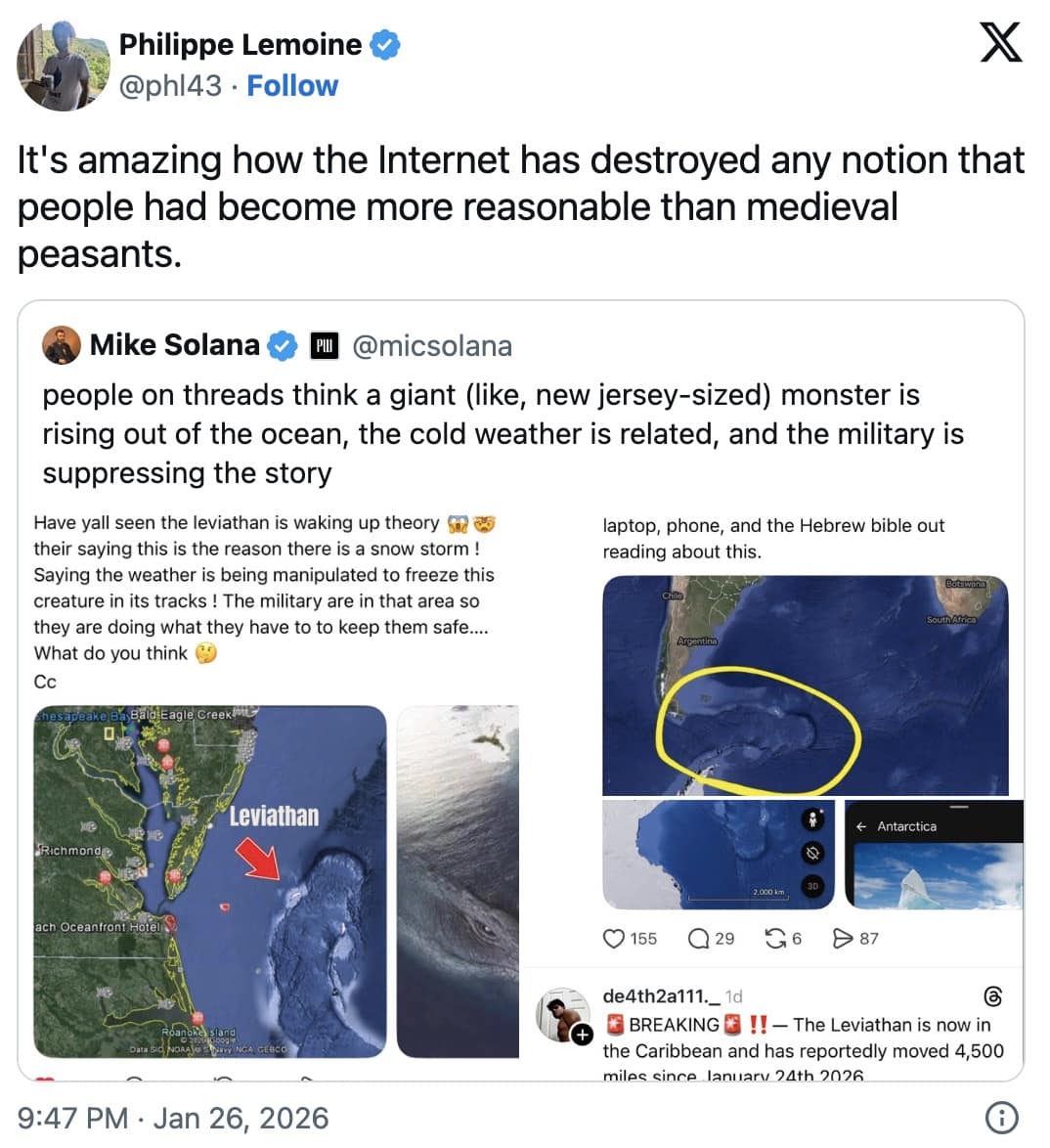 A Leviathan is waking up meme commentary by Philippe Lemoine comparing modern internet users to "medieval peasants" for believing a monster is rising from the ocean.
