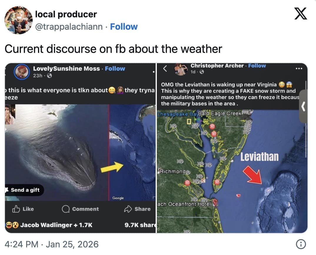 A Leviathan is waking up meme comparing different Facebook posts discussing the fake snowstorm and military involvement.