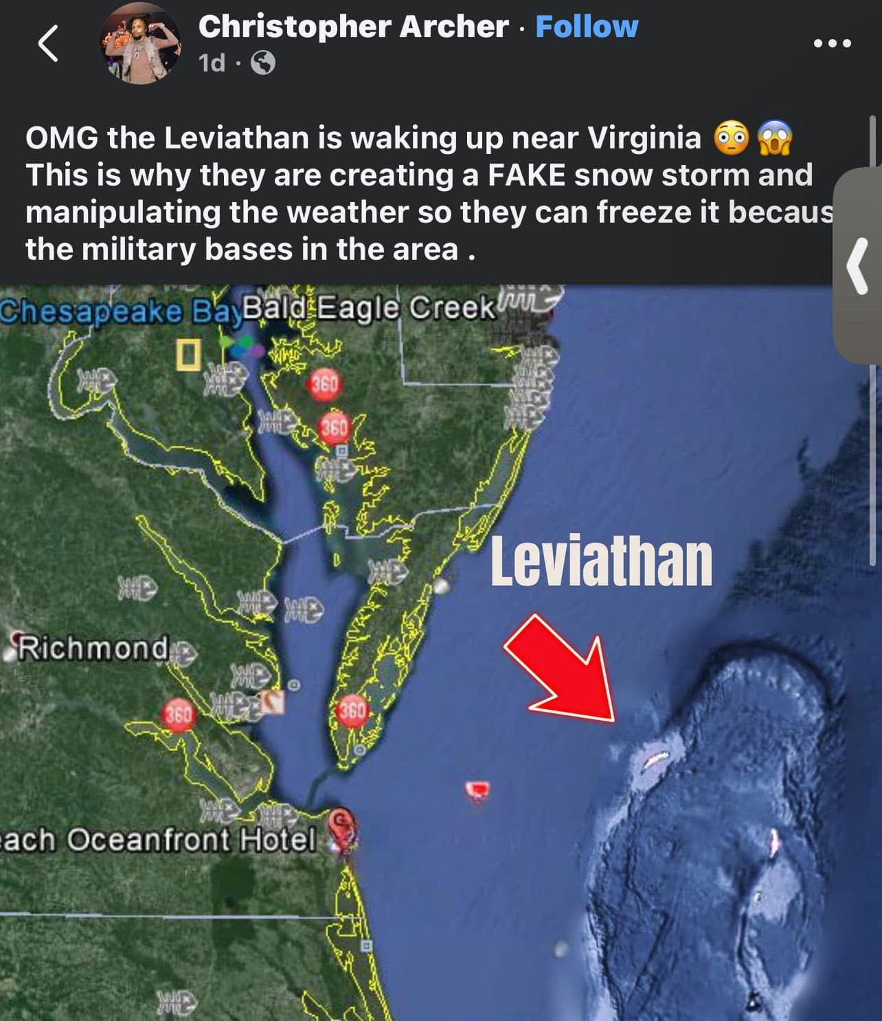A Leviathan is waking up meme Facebook post by Christopher Archer claiming the government is creating a fake snow storm near Virginia.