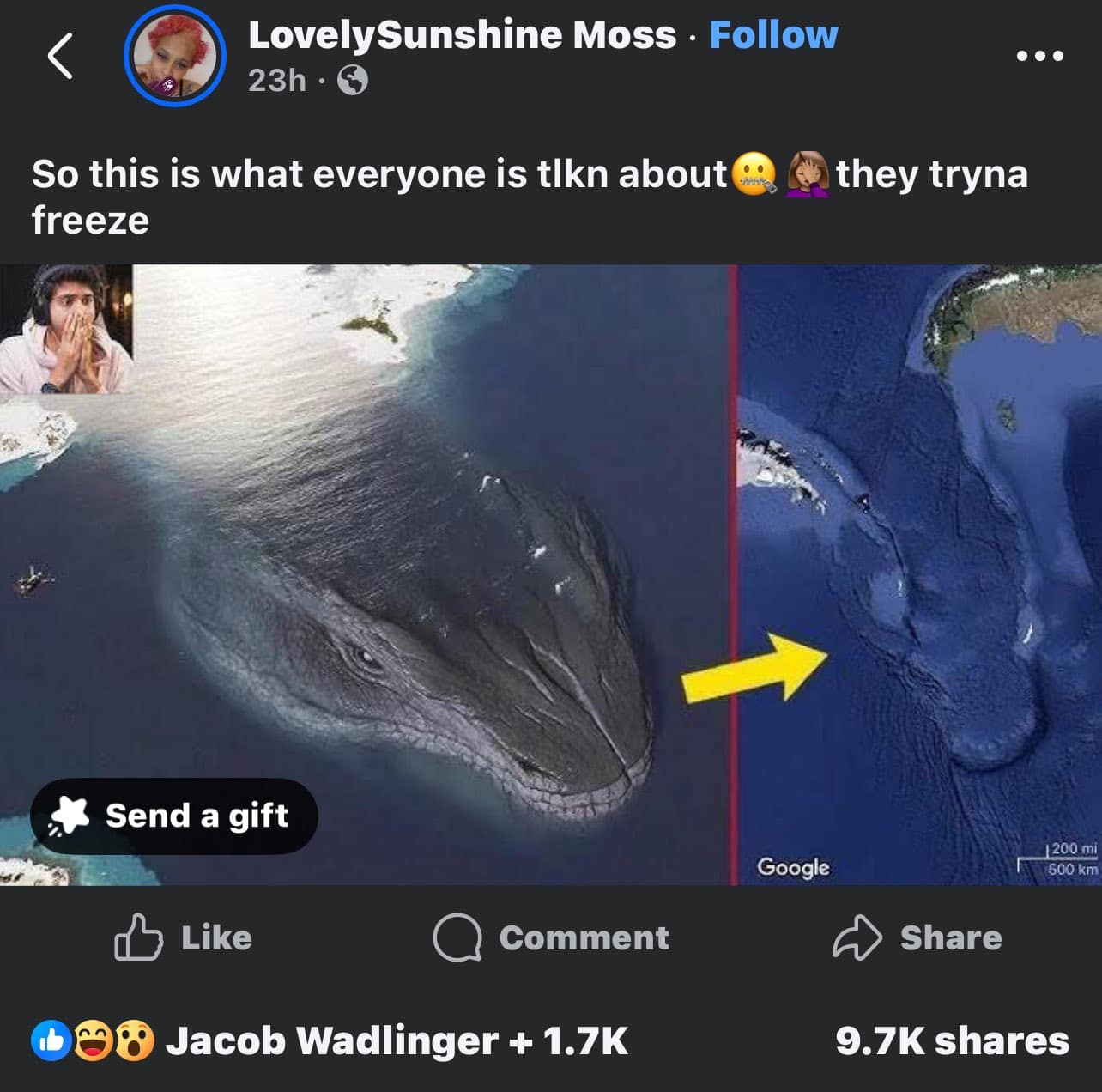 A Leviathan is waking up meme showing a side-by-side of realistic sea monster art and a Google Earth map formation.