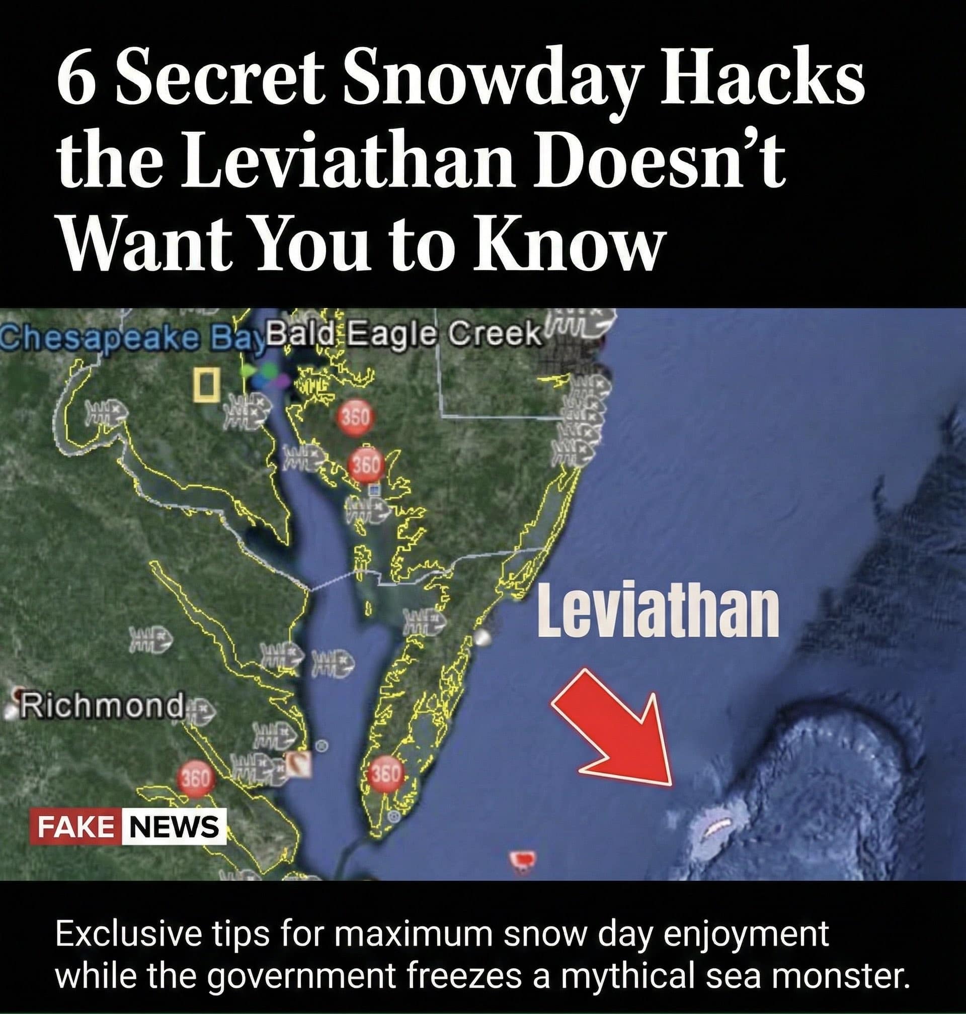 A Leviathan is waking up meme parodying clickbait articles with "6 Secret Snowday Hacks" related to the sea monster.