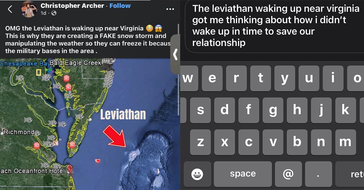 A collection of Leviathan is waking up memes and 2026 internet theory posts featuring Google Earth maps, fake snowstorm theories, and relationship texts.