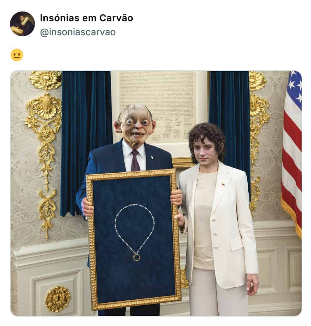 A lotr meme showing Gollum and Frodo in suits holding a framed picture of the One Ring like a diplomatic gift.