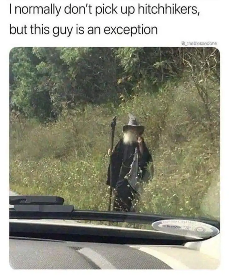 A lotr meme photo of a person dressed as Gandalf hitchhiking on the side of a rural road.